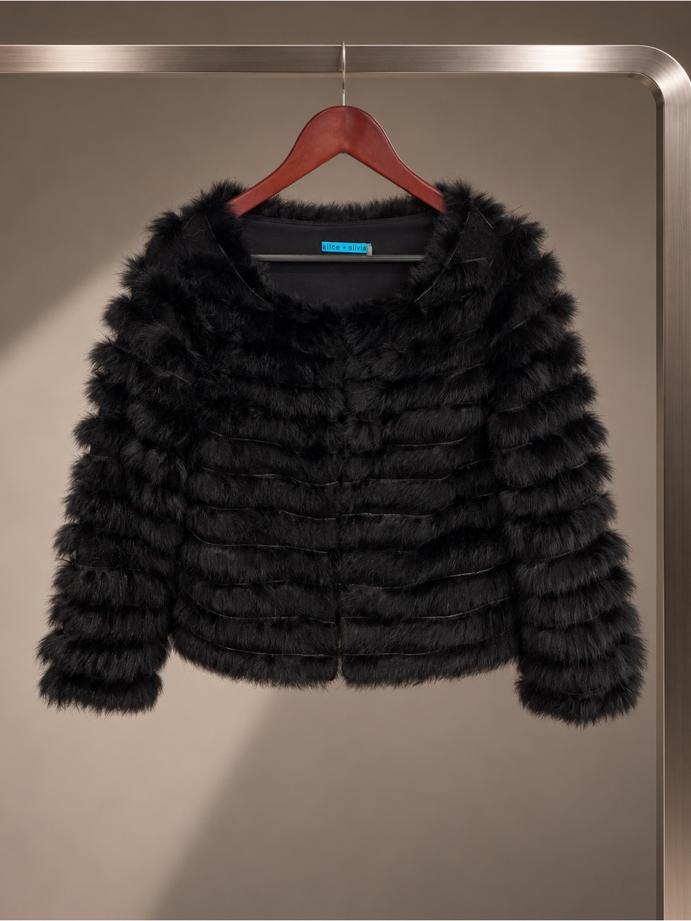 Alice + Olivia Fawn Real Rabbit Fur Striped Cropped Jacket Black Wool Y2K XS